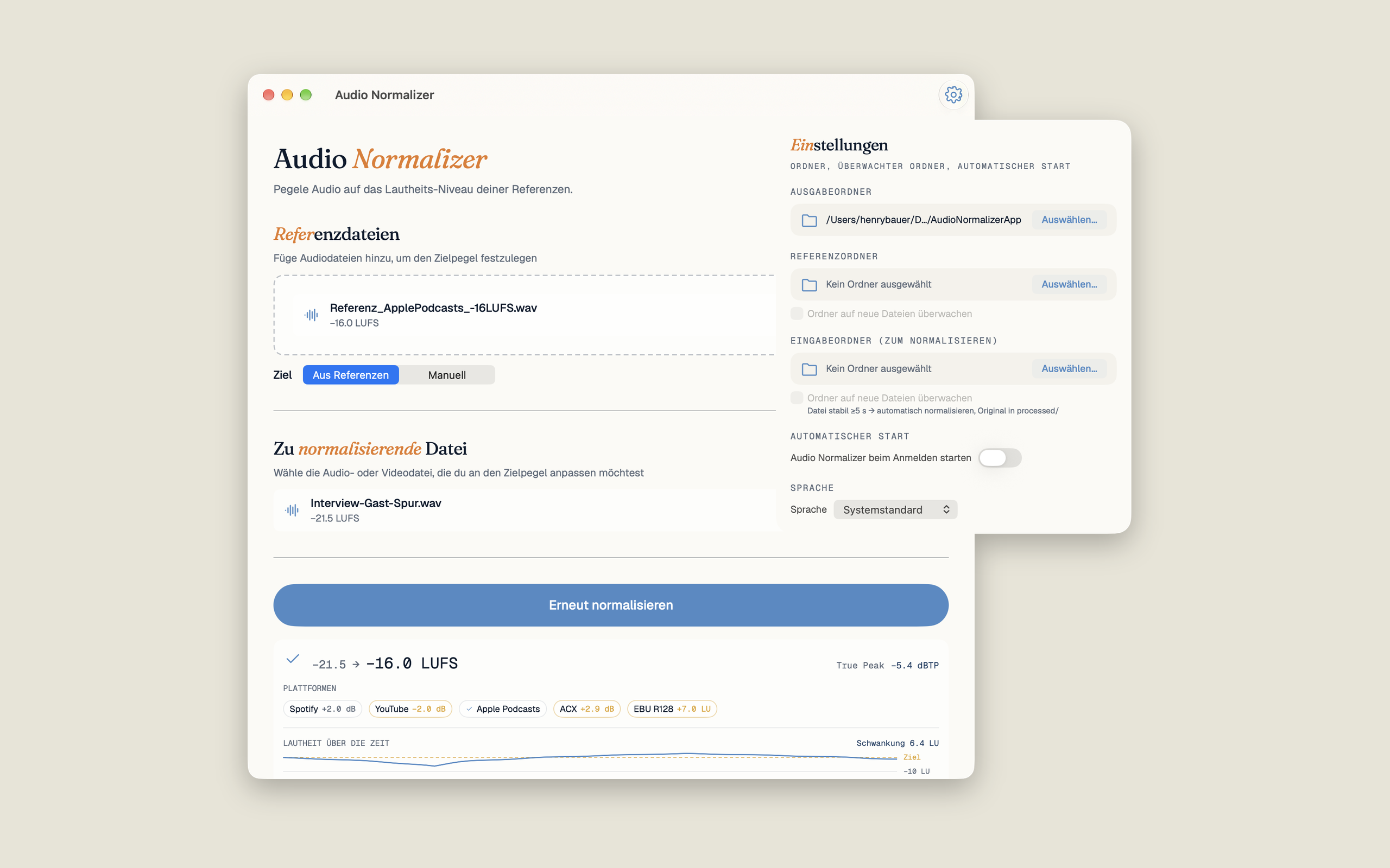 Audio Normalizer Einstellungen: Ausgabeordner, Referenzordner, Eingabeordner mit Überwachung, Autostart bei der Anmeldung und Sprachauswahl