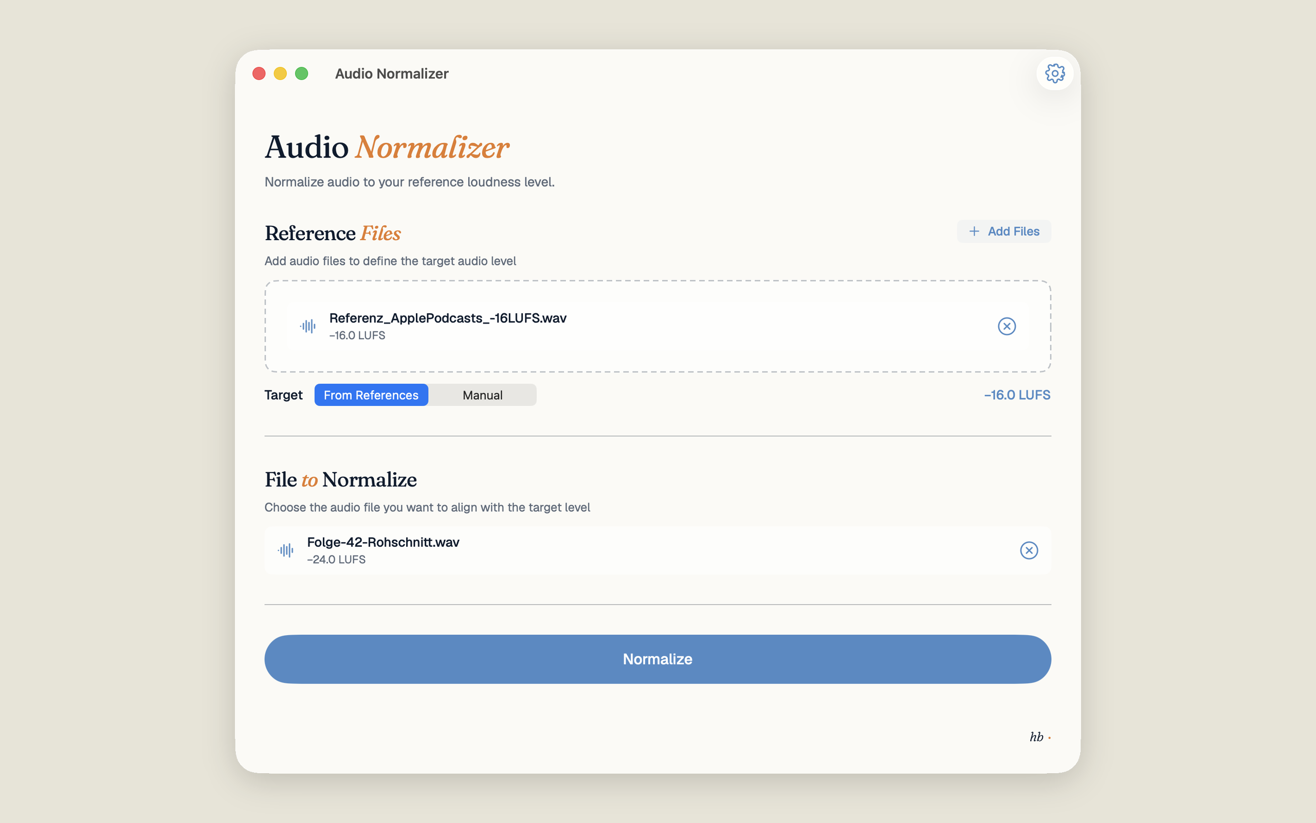 Audio Normalizer main window: Reference Files zone on top, From References / Manual toggle, File to Normalize zone below, large Normalize button