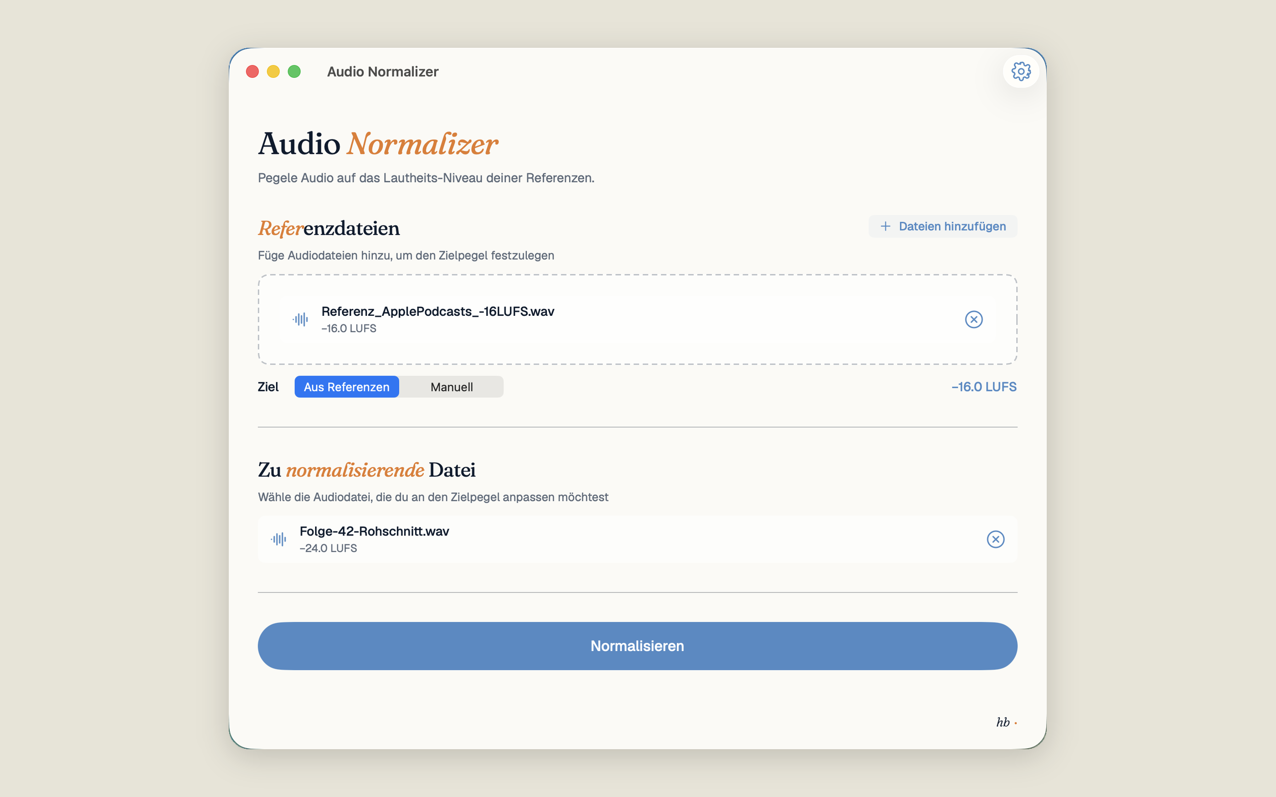 Audio Normalizer Hauptfenster: Referenzdateien-Zone oben, „Aus Referenzen / Manuell“ Tabs, Zu-normalisierende-Datei unten, großer Normalisieren-Button