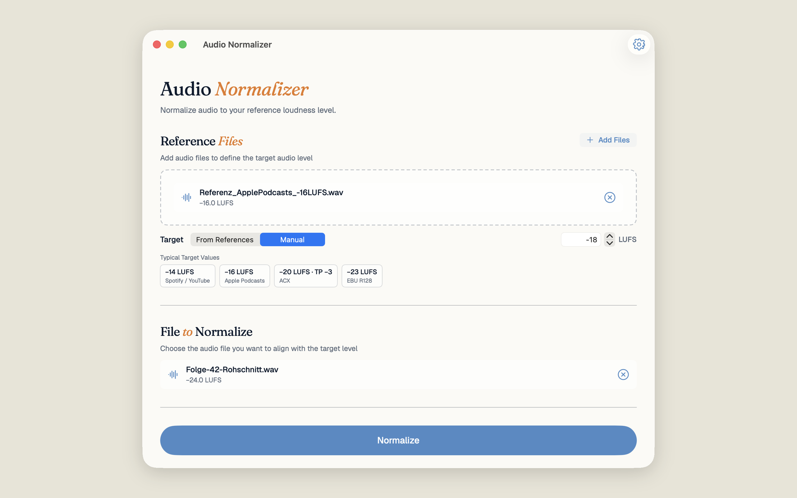 Audio Normalizer in Manual mode showing target LUFS input (−18 LUFS) and four presets: Spotify/YouTube, Apple Podcasts, ACX, EBU R128