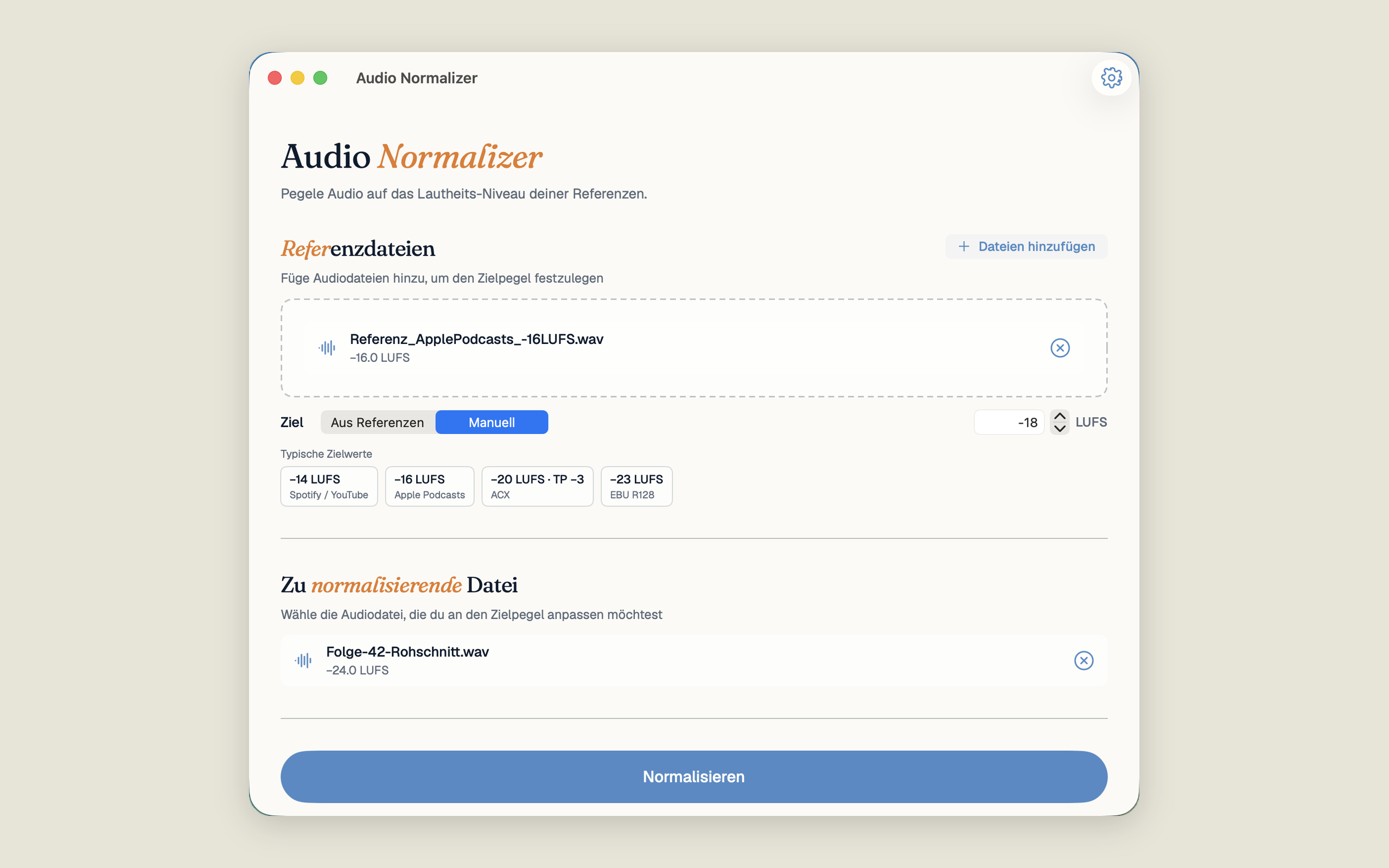 Audio Normalizer im Manuell-Modus mit Zielwert-Eingabe (−18 LUFS) und vier Presets: Spotify/YouTube, Apple Podcasts, ACX, EBU R128