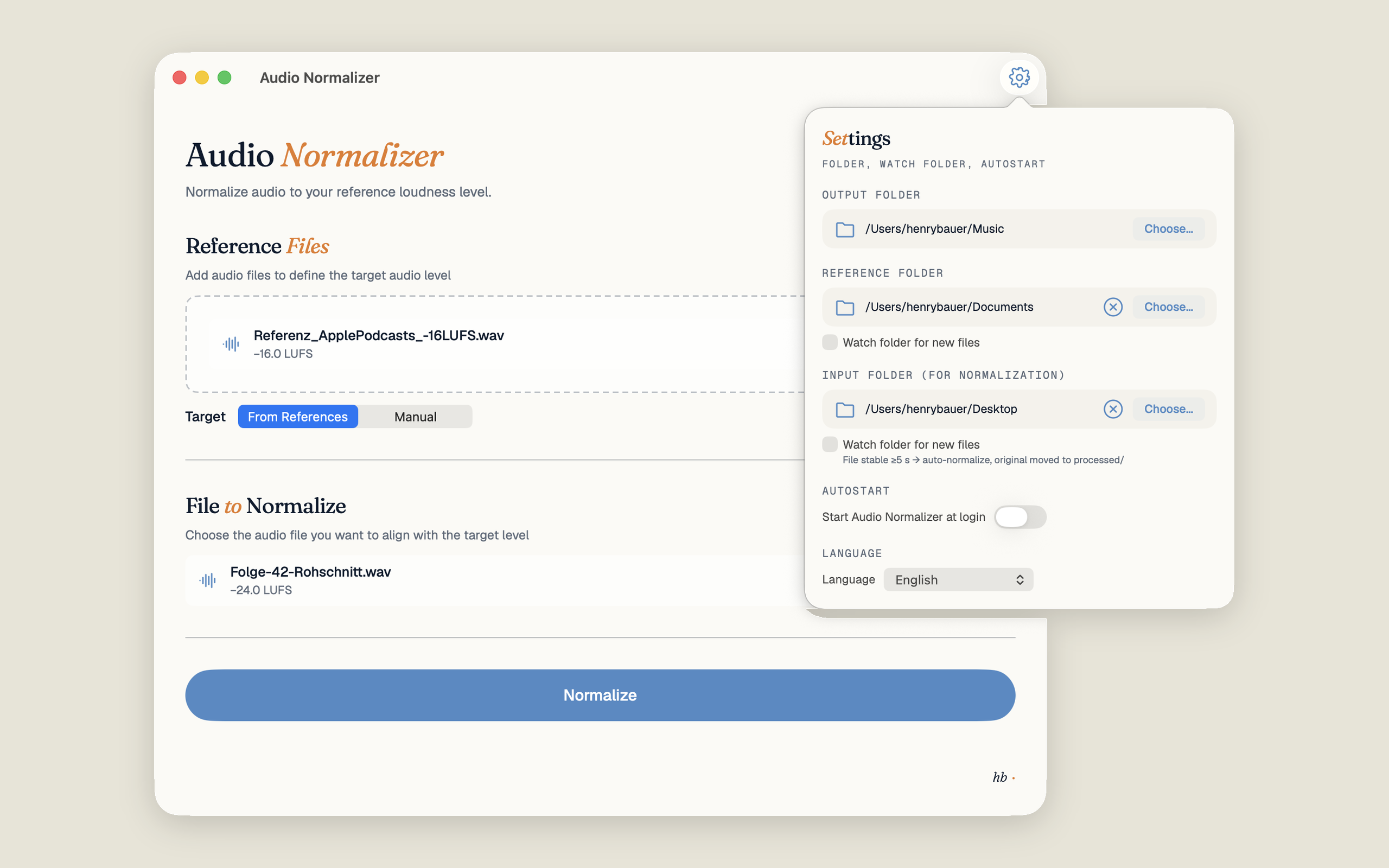 Audio Normalizer settings popover: Output Folder, Reference Folder, Input Folder with watch-folder option, Autostart and Language switcher set to English