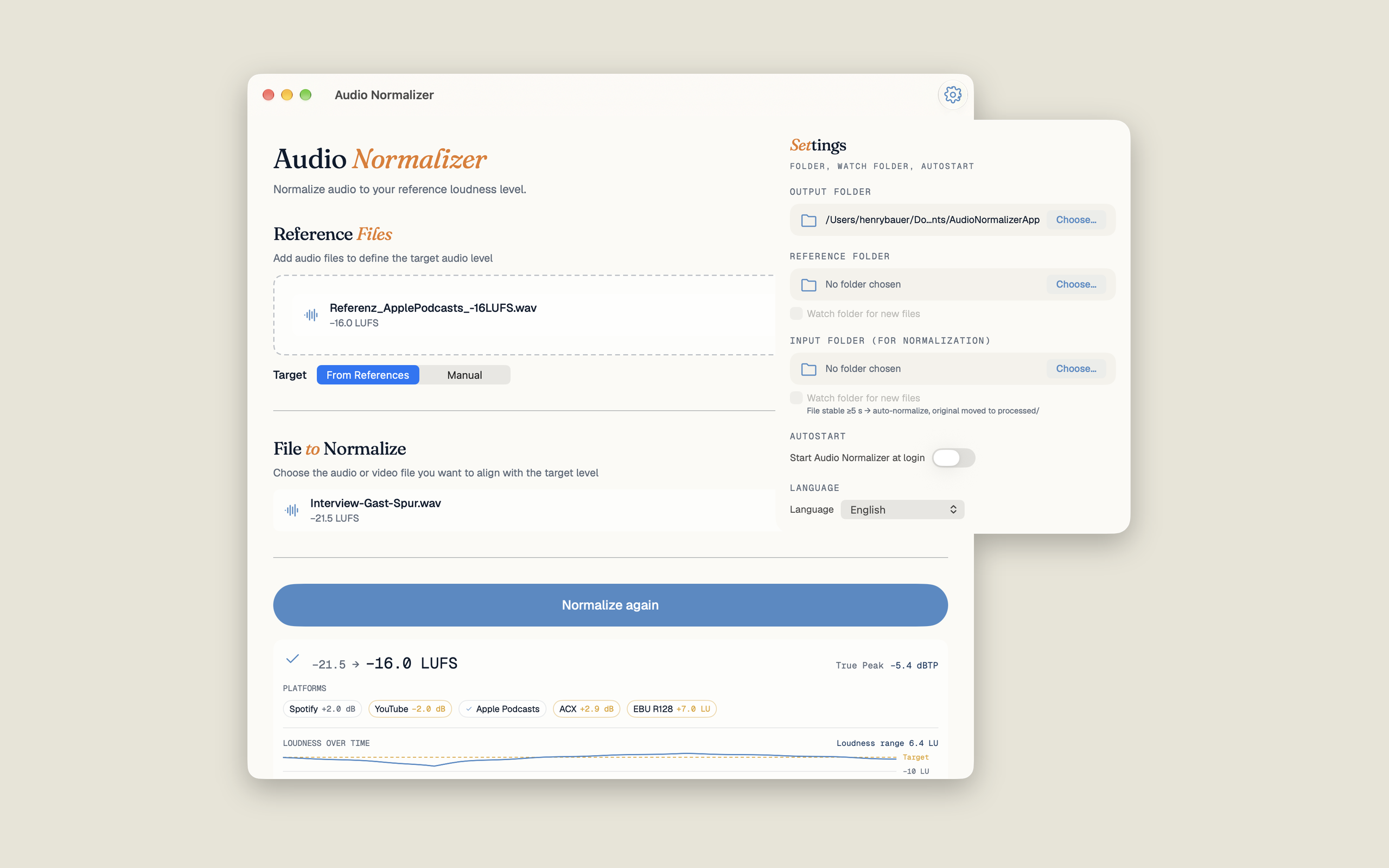 Audio Normalizer settings: output folder, reference folder, input folder with watch option, autostart at login and language picker