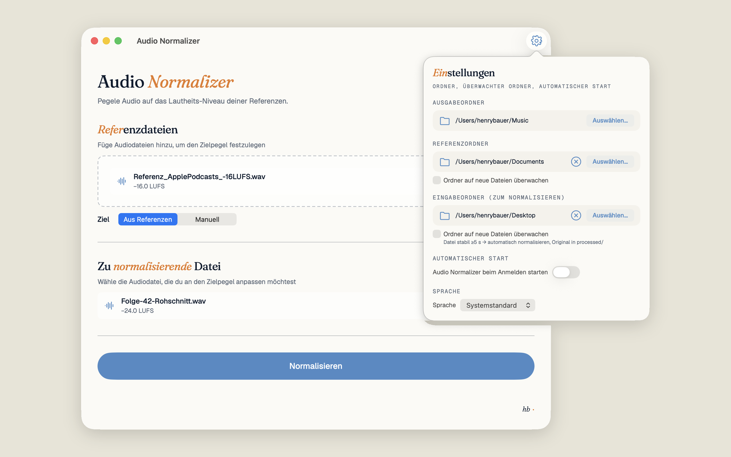 Audio Normalizer Einstellungs-Popover: Ausgabeordner, Referenzordner, Eingabeordner mit Watch-Folder-Option, Autostart und Sprachschalter Deutsch