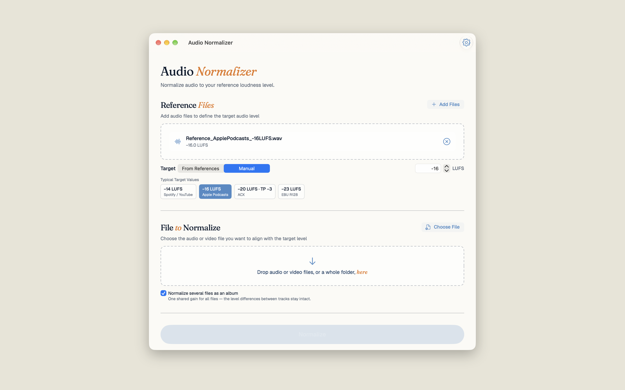 Audio Normalizer in Manual mode: target −16 LUFS, four typical target values for Spotify/YouTube, Apple Podcasts, ACX and EBU R128, with the “Normalize several files as an album” checkbox ticked